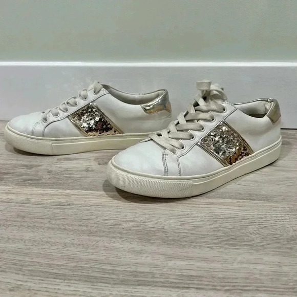 Tory Burch Carter Sequin Leather White Lace Up Casual Shoes Sneakers Size 8 - Picture 6 of 10